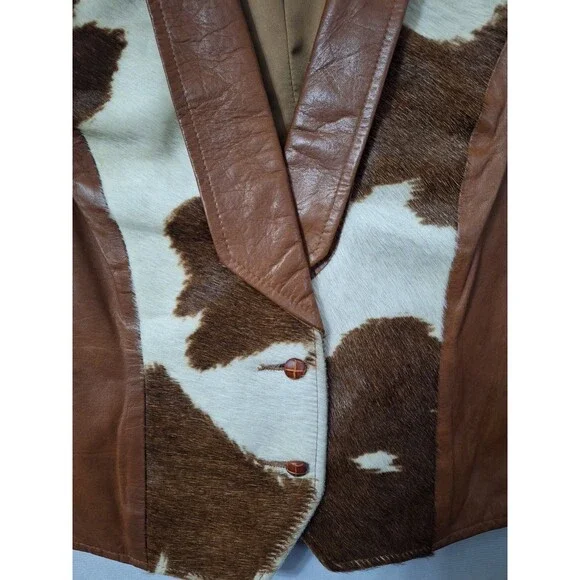 Vintage Pioneer Wear Cowhide Leather Vest Women Sz 12 Cow Print Western USA Made - Picture 6 of 14